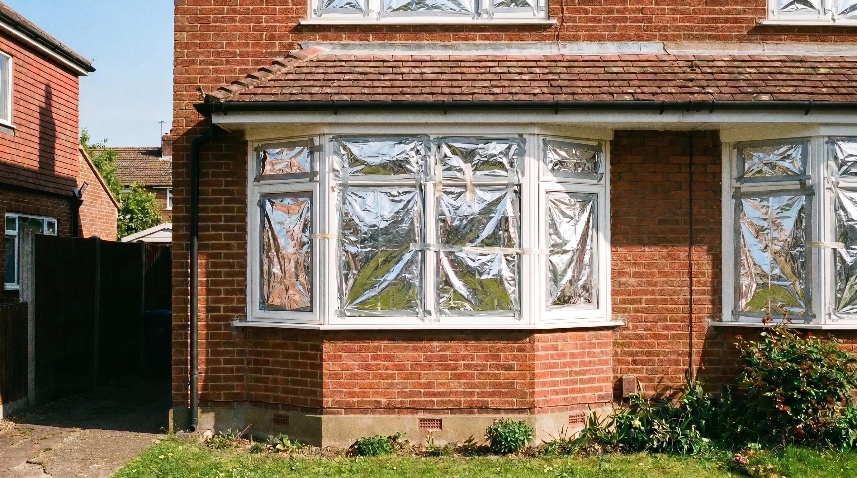 A UK brick house with crinkled silver foil taped over the bay windows — the DIY heatwave fix