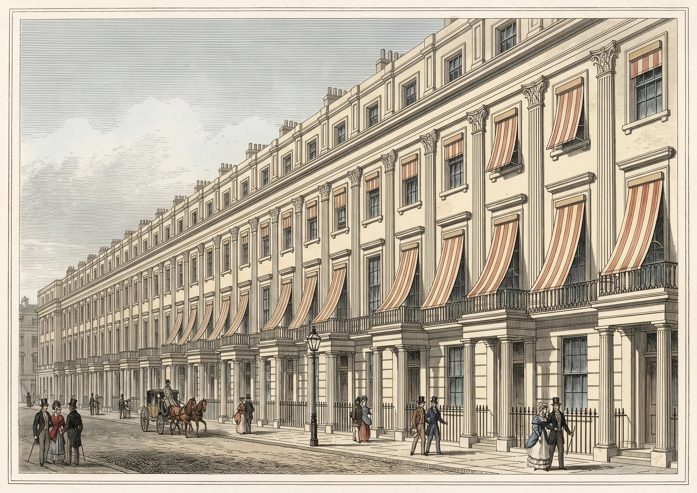 A Regency-era London terrace with rows of striped external awnings shading the windows, in the style of a period engraving